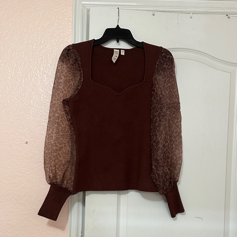Dolan Brown Top with Sheer Sleeves